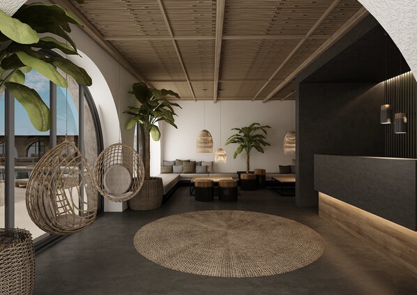 A modern interior with a wooden ceiling, large windows, and a round woven rug. - My Mykonos Hotel by Mr and Mrs White (Mykonos)