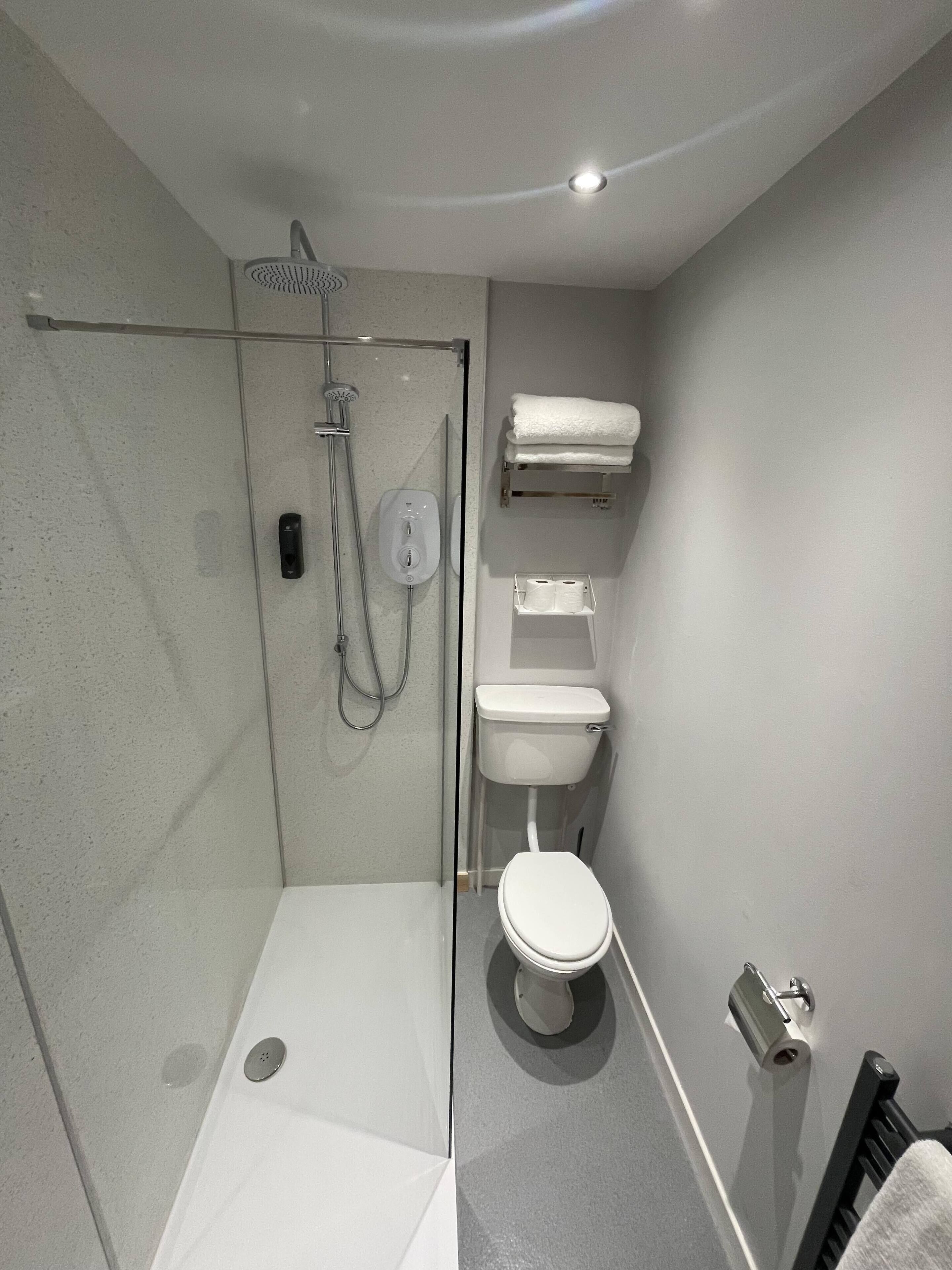 A modern bathroom with a glass-enclosed shower, a toilet, and a towel rack.