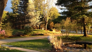 A park with a paved walkway, a small pond, and various trees. - Golden Stage Inn B&B (Cavendish)