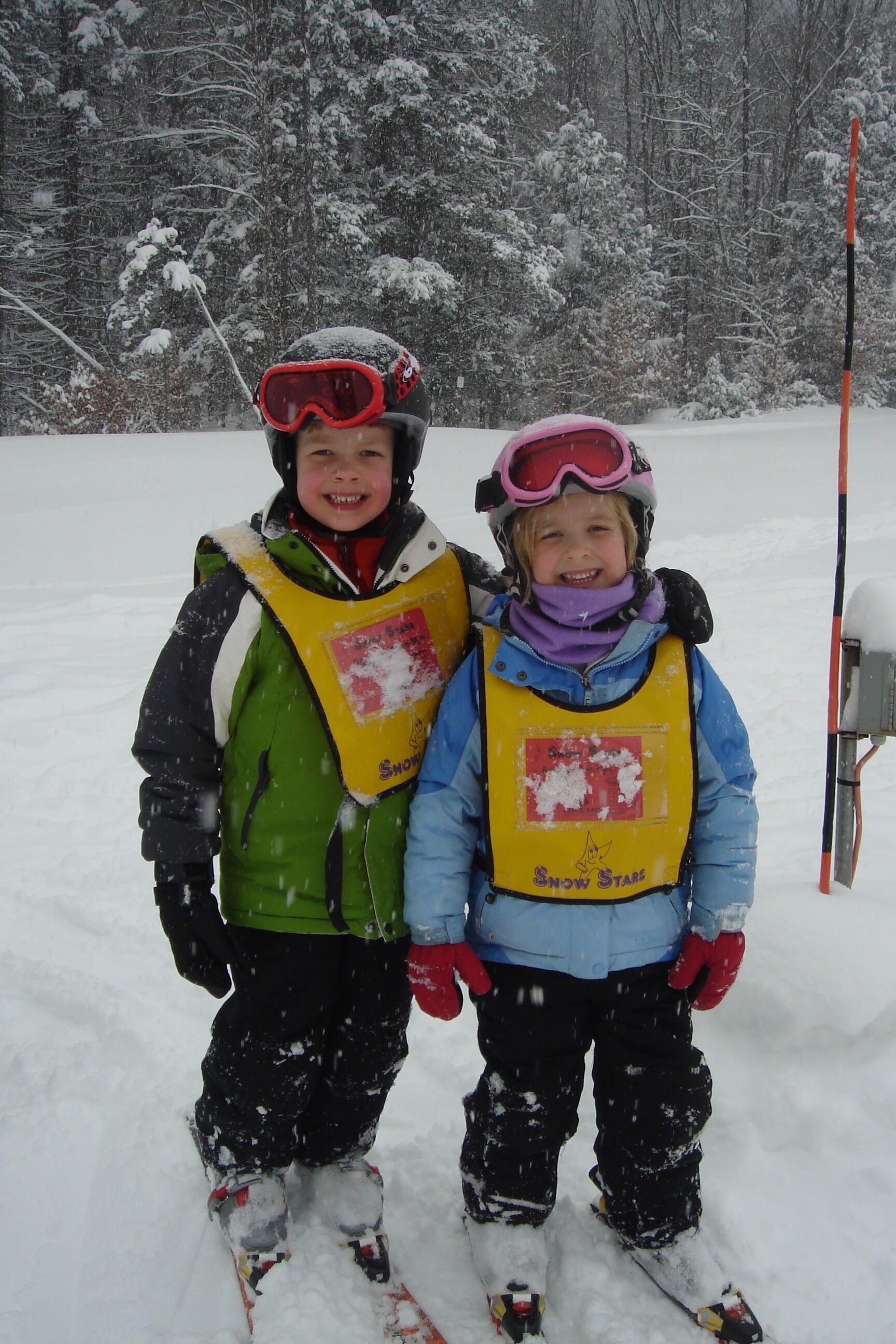 Dos niños esquiando en un área nevada con árboles de fondo.