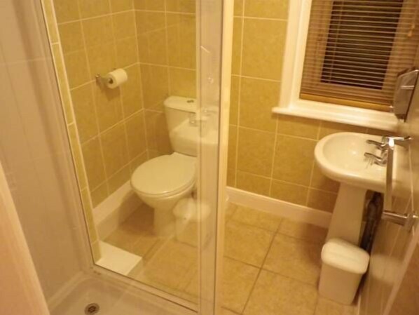 A bathroom with a toilet, a sink, and a shower enclosure. - Balmoral (Skegness)