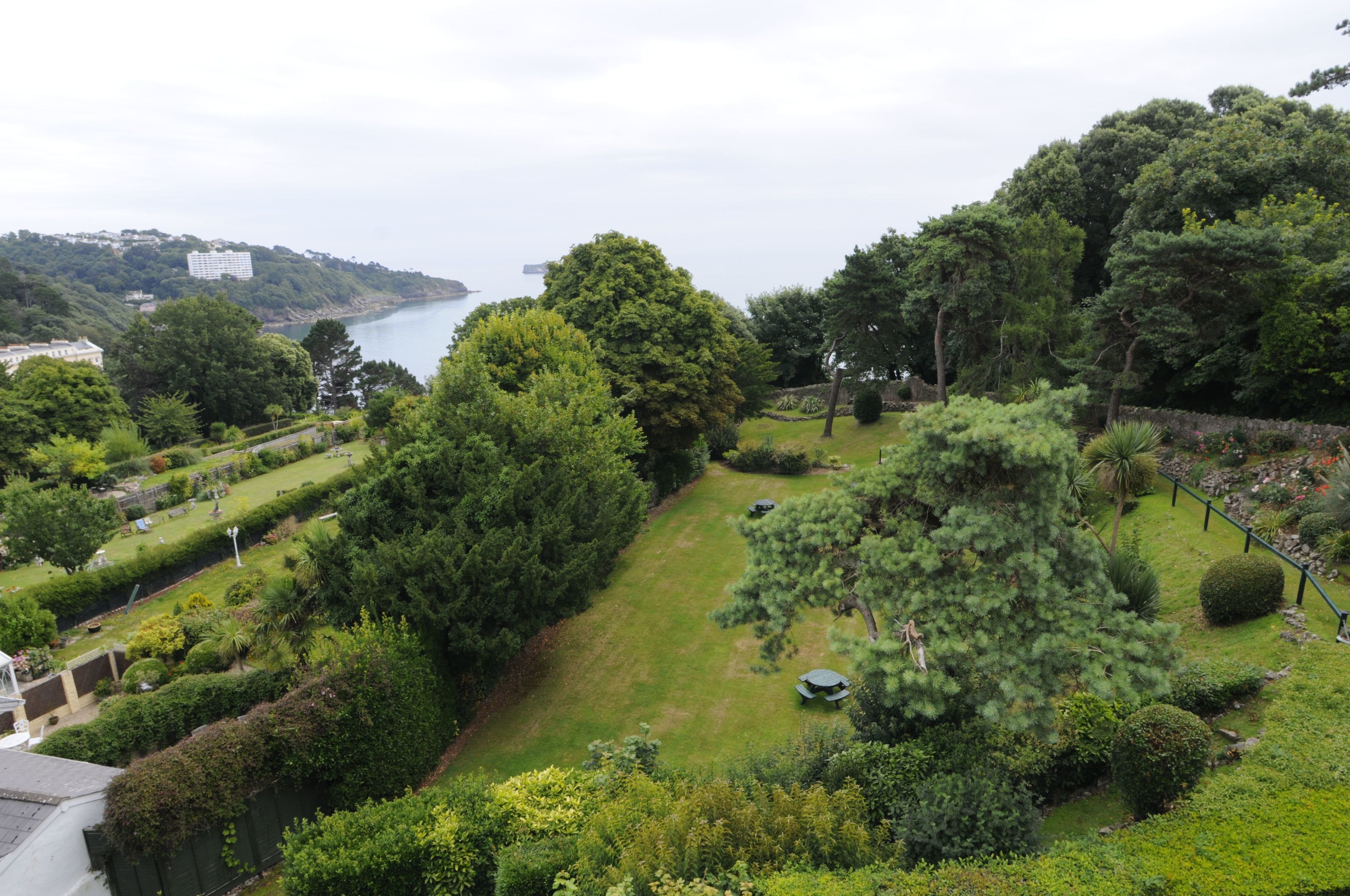 A lush garden with a variety of trees and shrubs, a small pond, and a view of the sea.