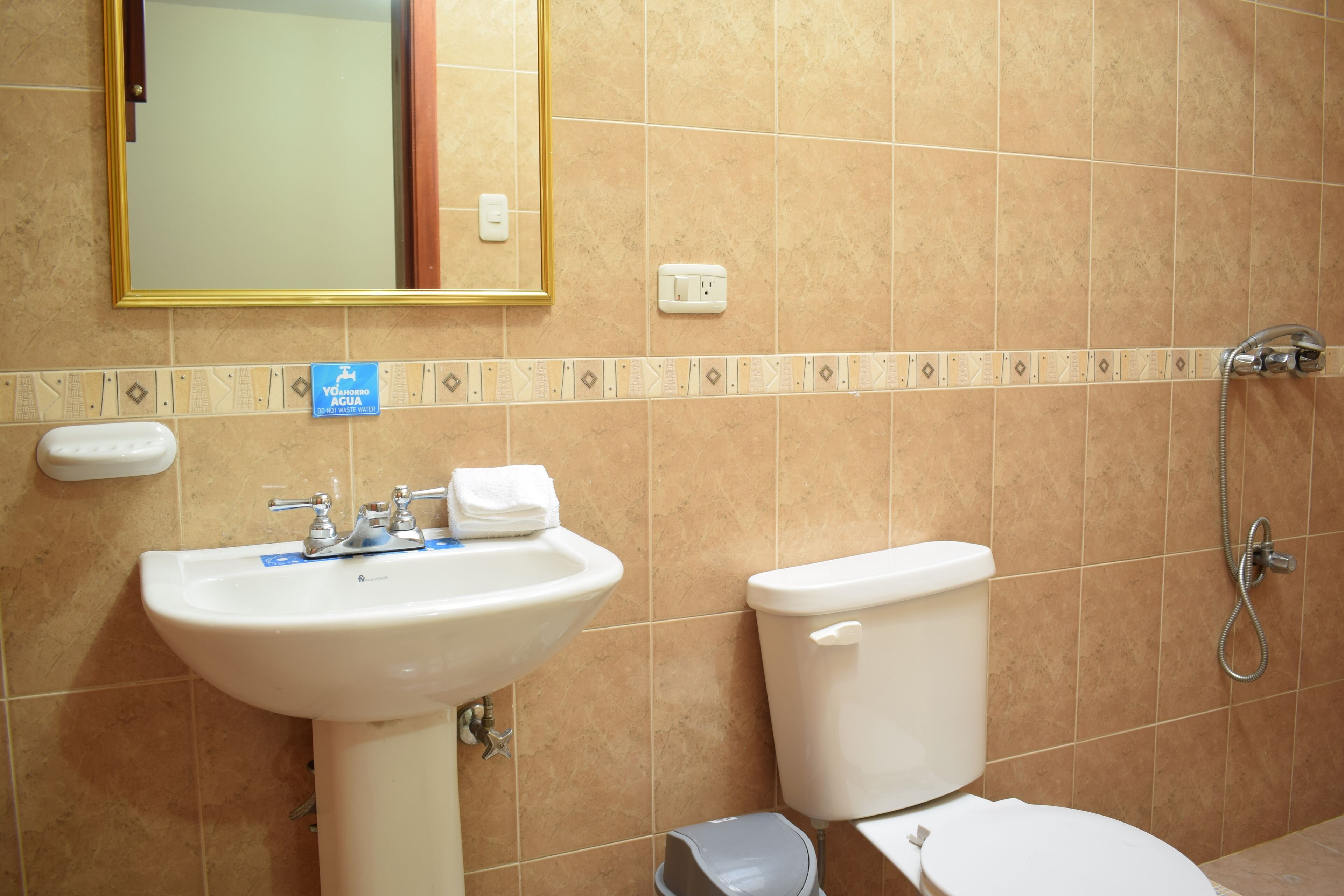 A bathroom with a sink, toilet, and shower.