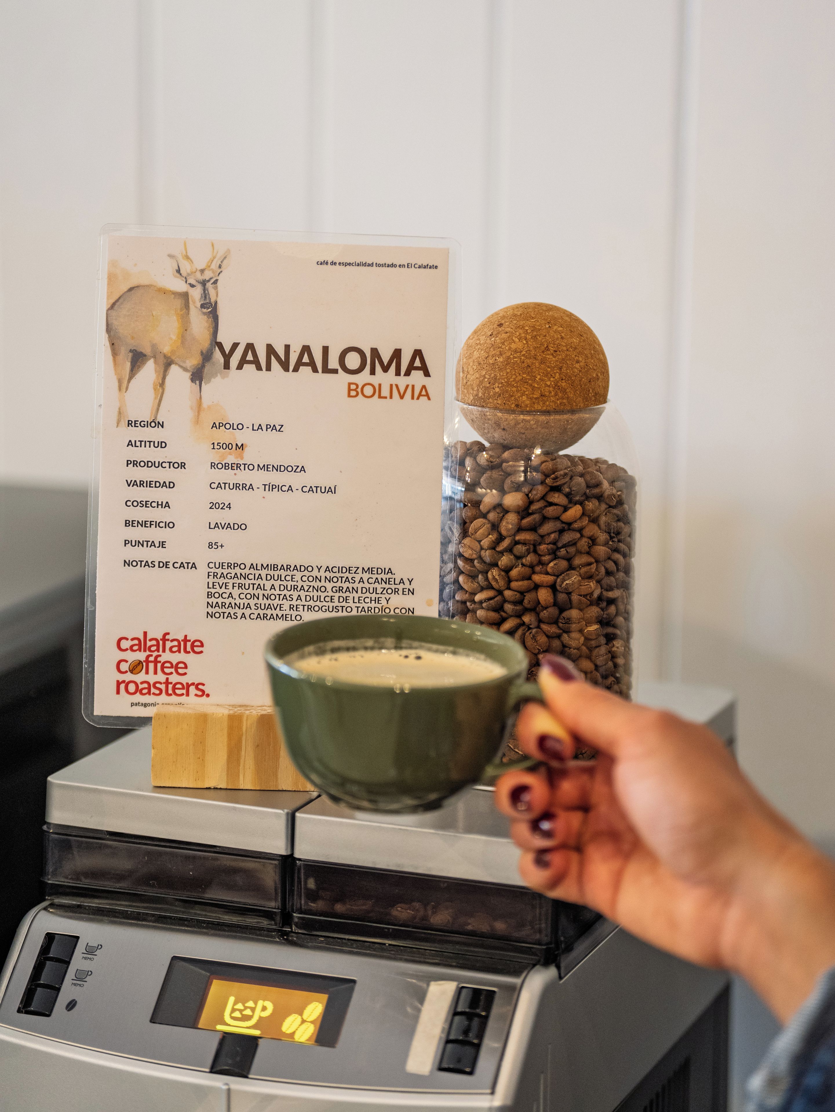 Une machine à café avec une tasse de café, un panneau représentant un cerf et des grains de café, et une main tenant une tasse.
