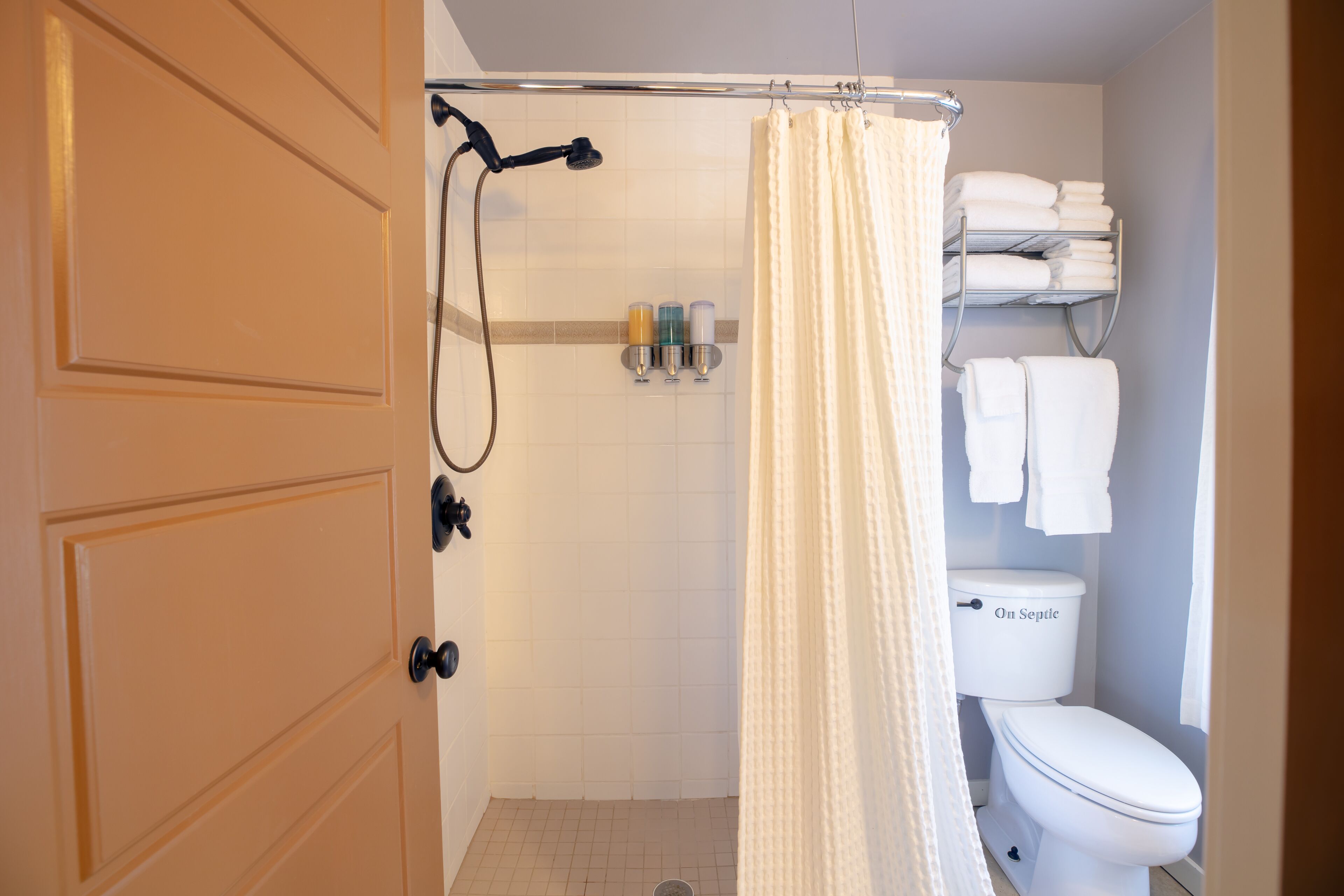 A bathroom with a shower, toilet, and towel rack.