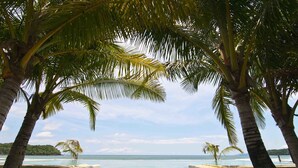 A pool area with palm trees and a view of the ocean. - El Sitio Villas (Las Escobas del Venado)