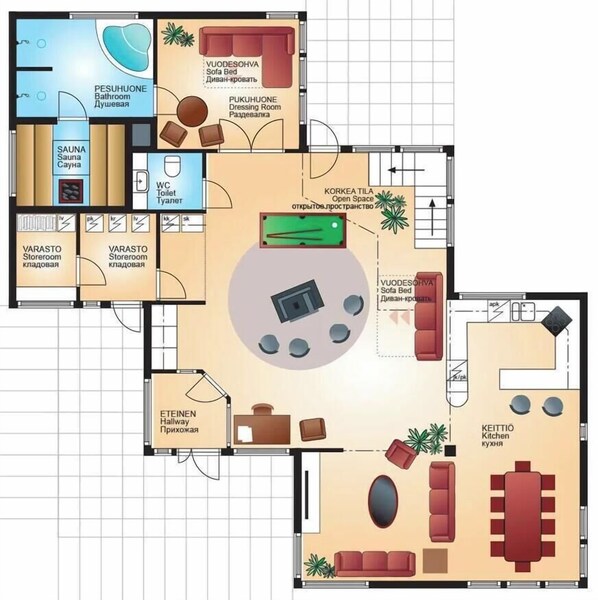 Un hôtel dont l’aménagement comprend une piscine, un sauna et un espace central ouvert avec des sièges.