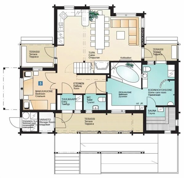 Un plan d’étage d’hôtel comprenant plusieurs chambres, un sauna, une terrasse et une salle technique.