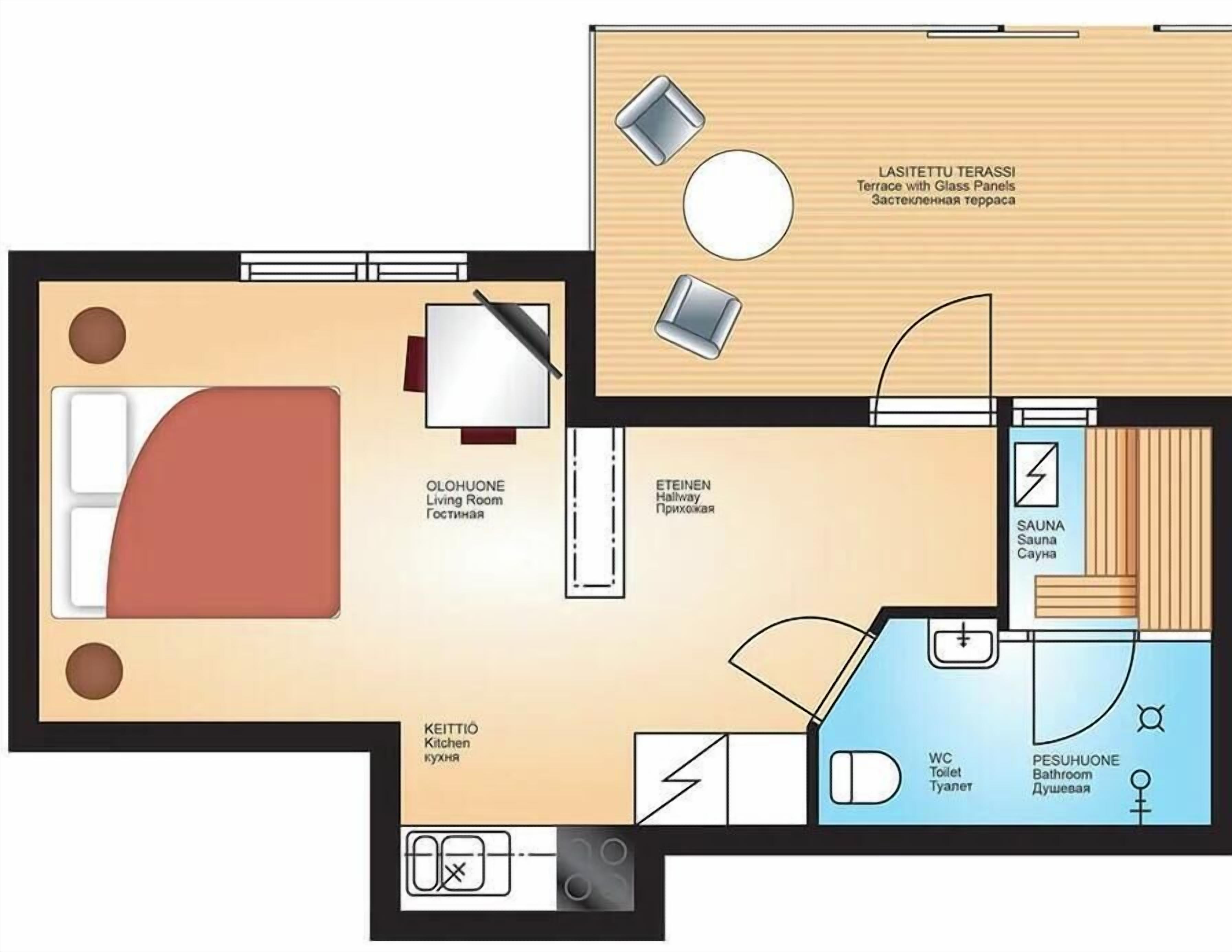 A hotel layout with a living room, kitchen, terrace with glass panels, sauna, and bathroom.