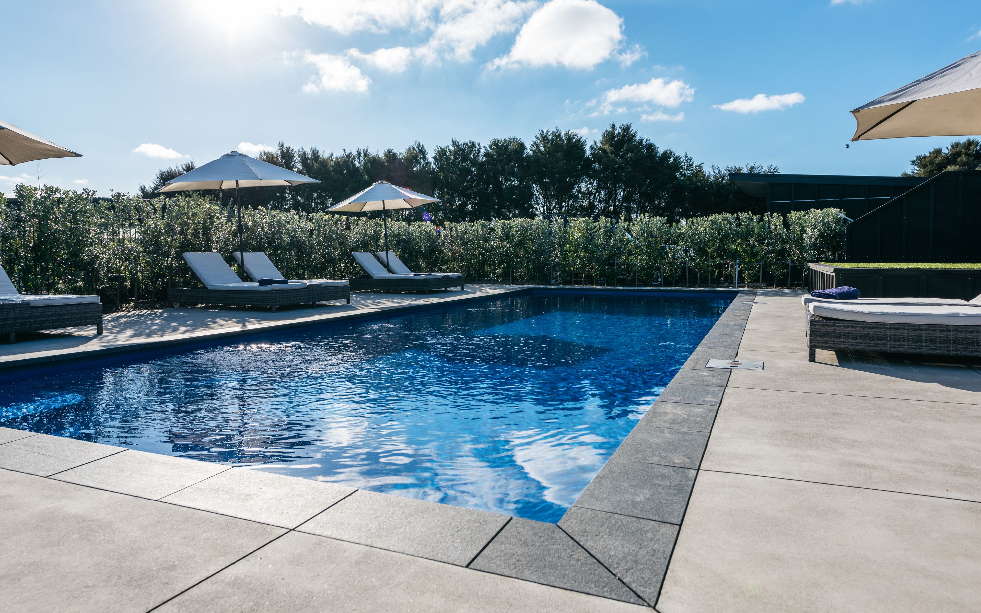 A swimming pool with lounge chairs and umbrellas, surrounded by a hedge and trees.