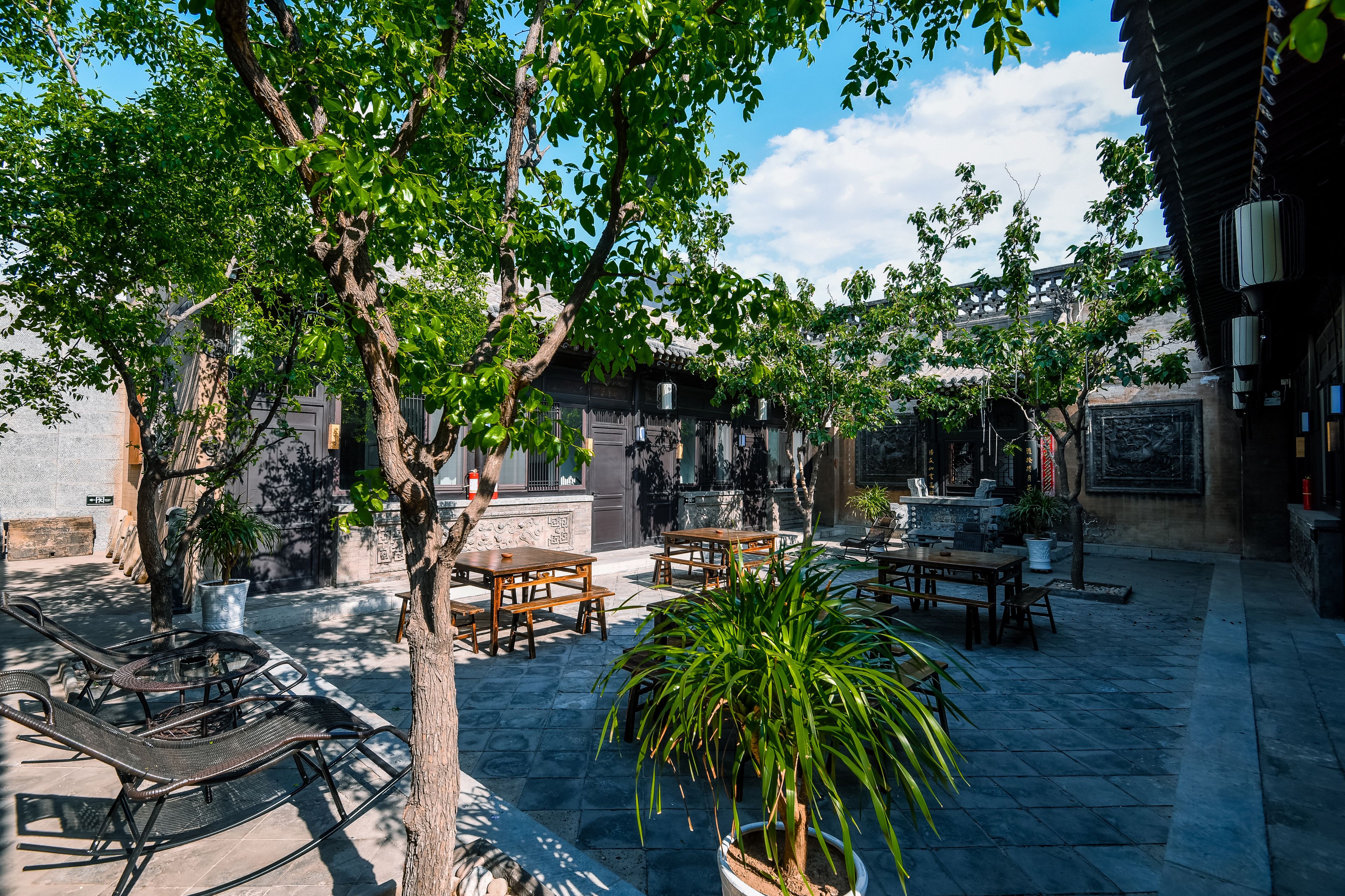 An outdoor patio with wooden tables and chairs, surrounded by trees and potted plants.
