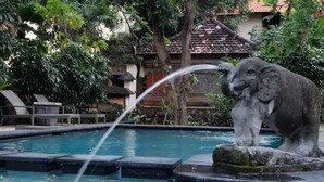A pool with a stone elephant statue and a water feature. - Adys Inn (Legian)