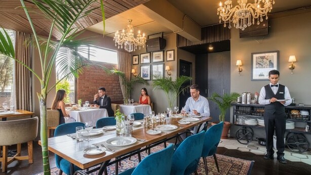 A restaurant with a long wooden table set for dining, blue chairs, and a waiter standing by. - FabHotel VJR HSR (Bengaluru)