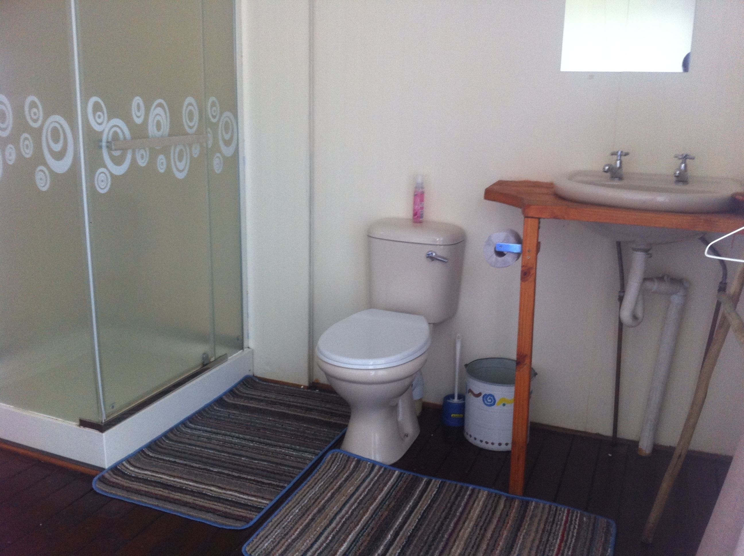 Een badkamer met toilet, wastafel en douche.