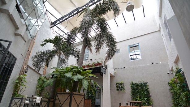 A spacious indoor area with a high ceiling, large windows, and multiple seating arrangements. - Viven Hotel (San Nicolas)