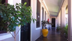 A corridor with a tiled floor, potted plants, and doors leading to rooms.