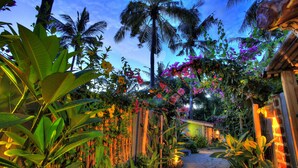 Un sendero en un jardín tropical que lleva a una estructura de madera con un farol.