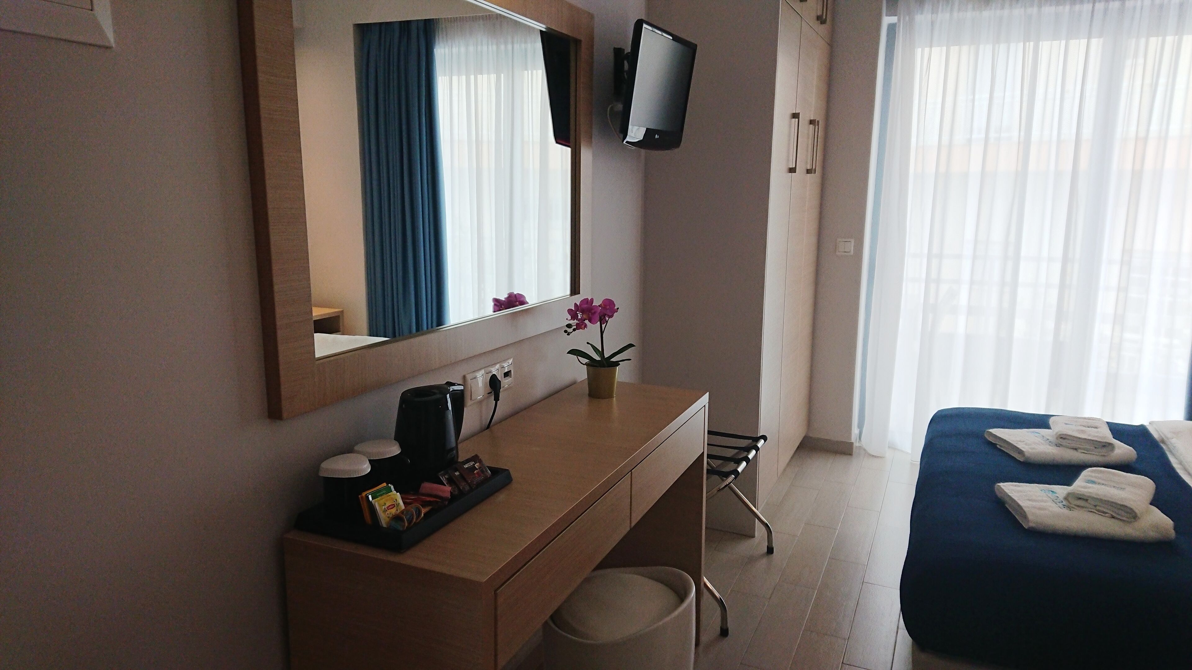 A hotel room with a wooden desk, a mirror, a television mounted on the wall, a small potted plant, a bed with a blue bedspread, and a window with sheer curtains.