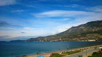 A coastal view with a road, buildings, and a mountain.
