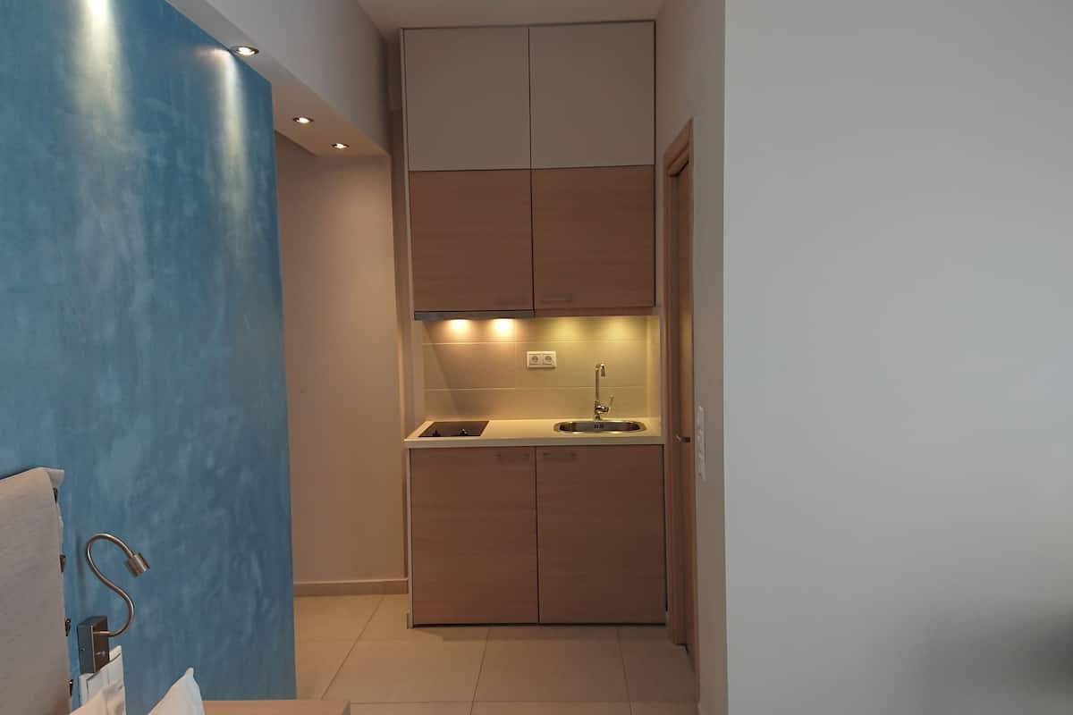 mini-fridge, stovetop, coffee/tea maker, electric kettle