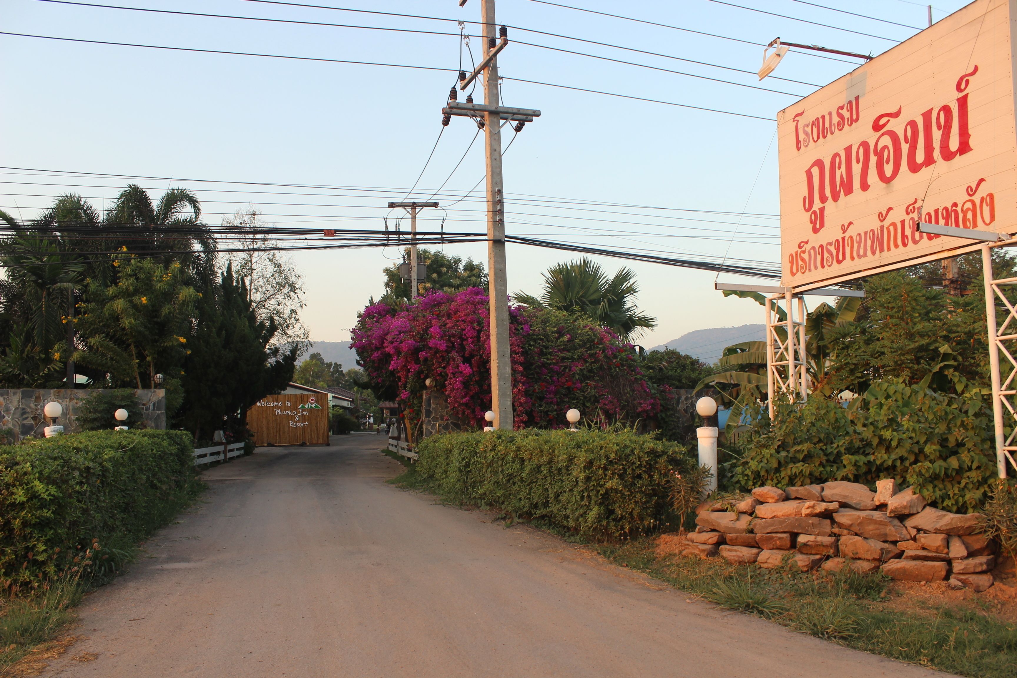 A road leading to a building with a sign in a foreign language.