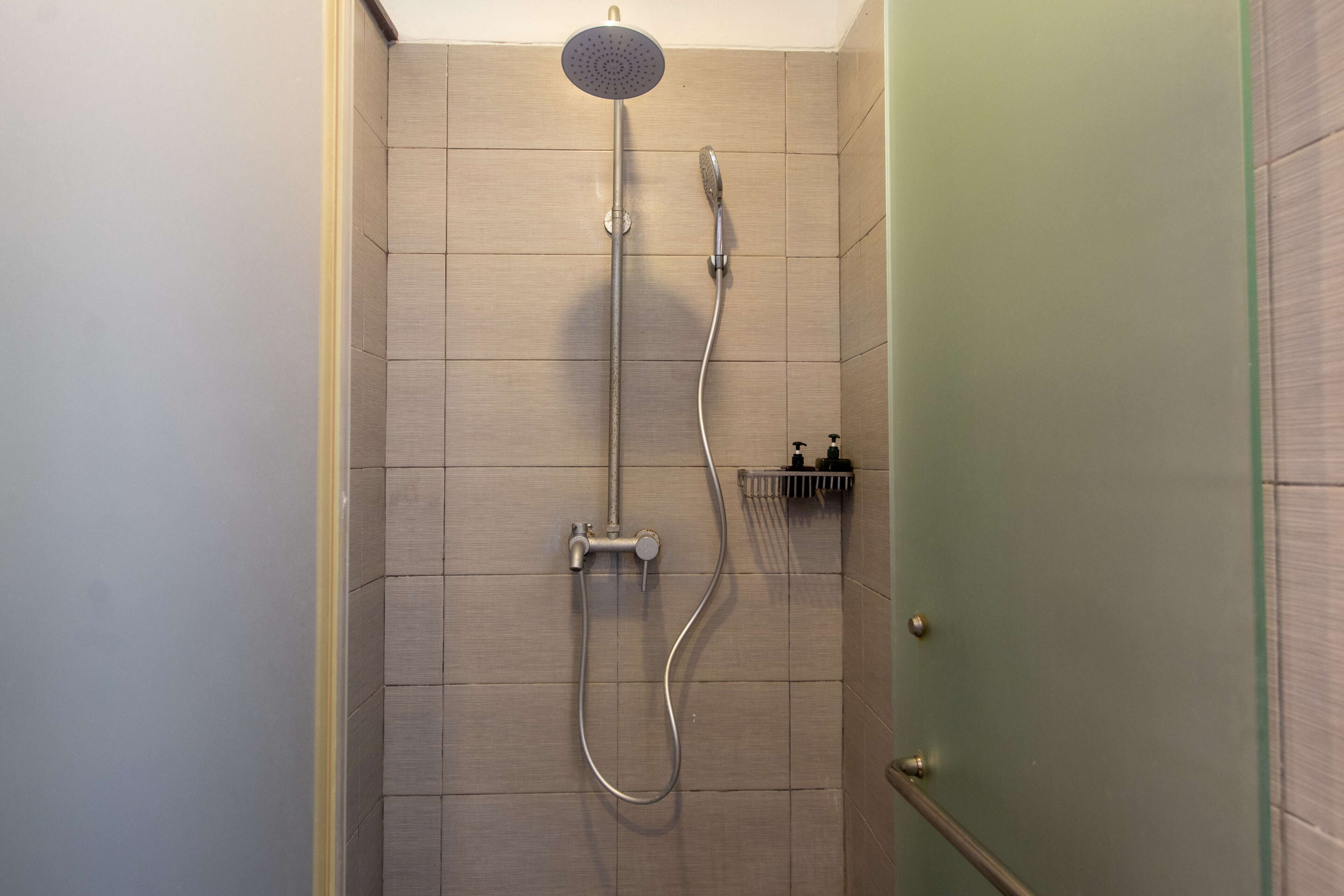 Une douche équipée d’un pommeau de douche à main et d’un robinet fixé au mur.