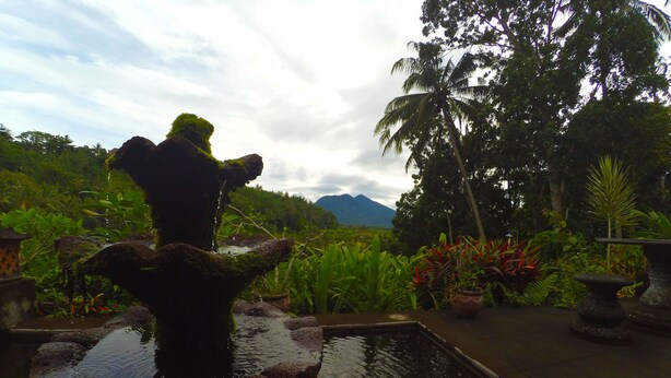 A water feature with a stone structure in a lush garden setting, surrounded by various plants and a mountain in the background. - Pondok Batur Indah (Karangasem)