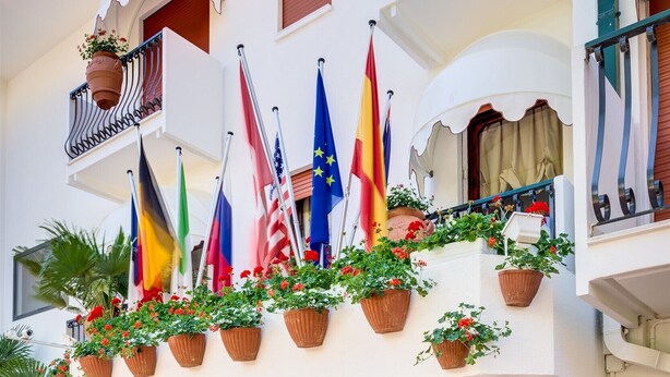 A hotel entrance with multiple flags, potted plants, and a red doormat. - Agorà Park Hotel (Jesolo)