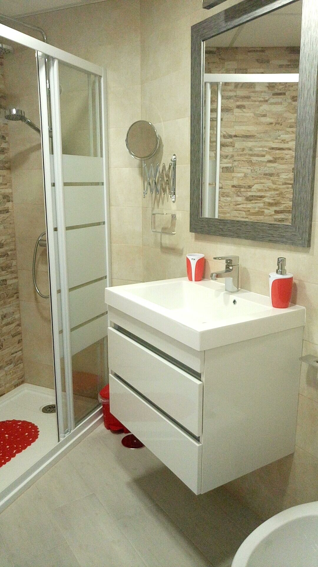 studio, pool view | bathroom | shower, hair dryer, towels