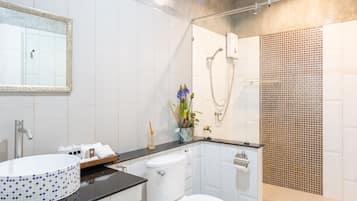 Une salle de bain moderne dotée d’un grand lavabo, de toilettes et d’un espace douche.