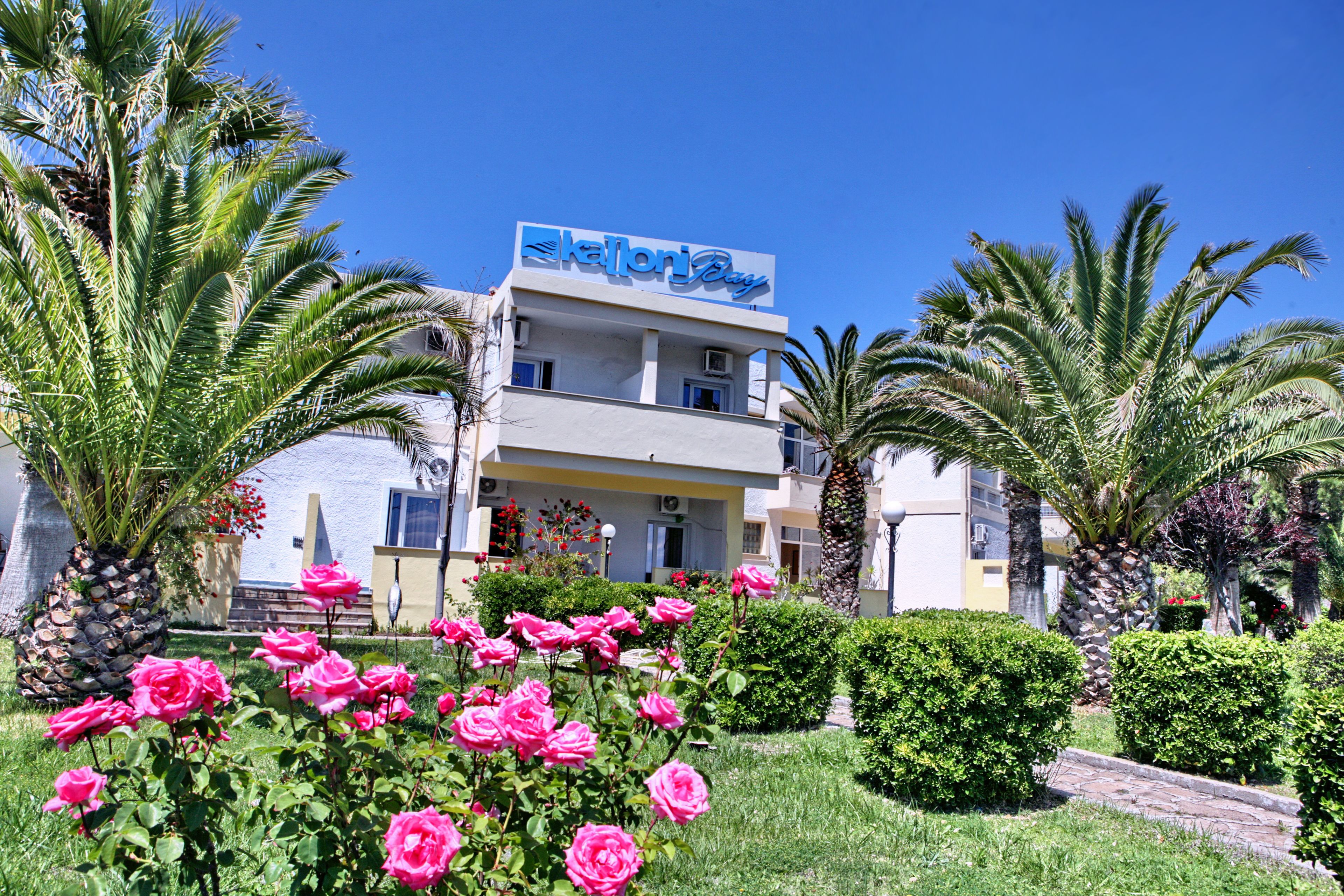 Un hôtel avec une enseigne indiquant «Hôtel Kallon», entouré d’une végétation luxuriante et de palmiers.