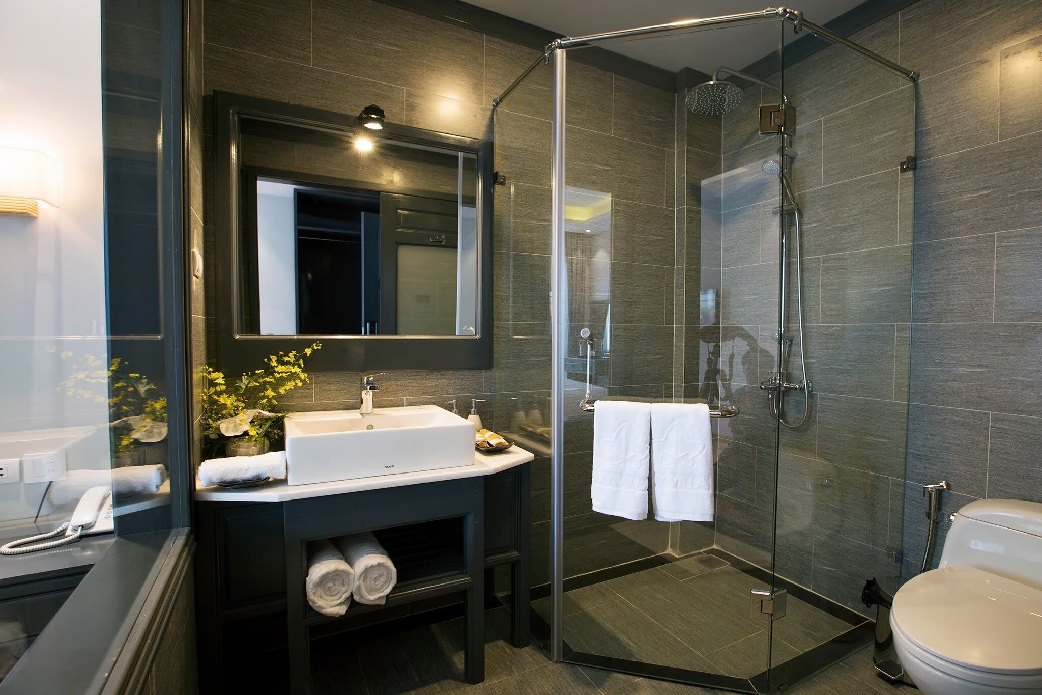 free toiletries, hair dryer, bathrobes, slippers