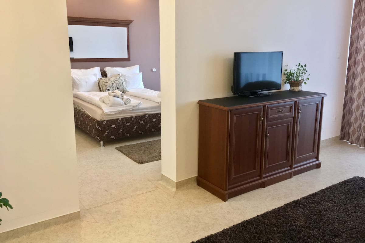 Appartamento Deluxe, vista lago | 1 camera, una cassaforte in camera, una scrivania, tende oscuranti