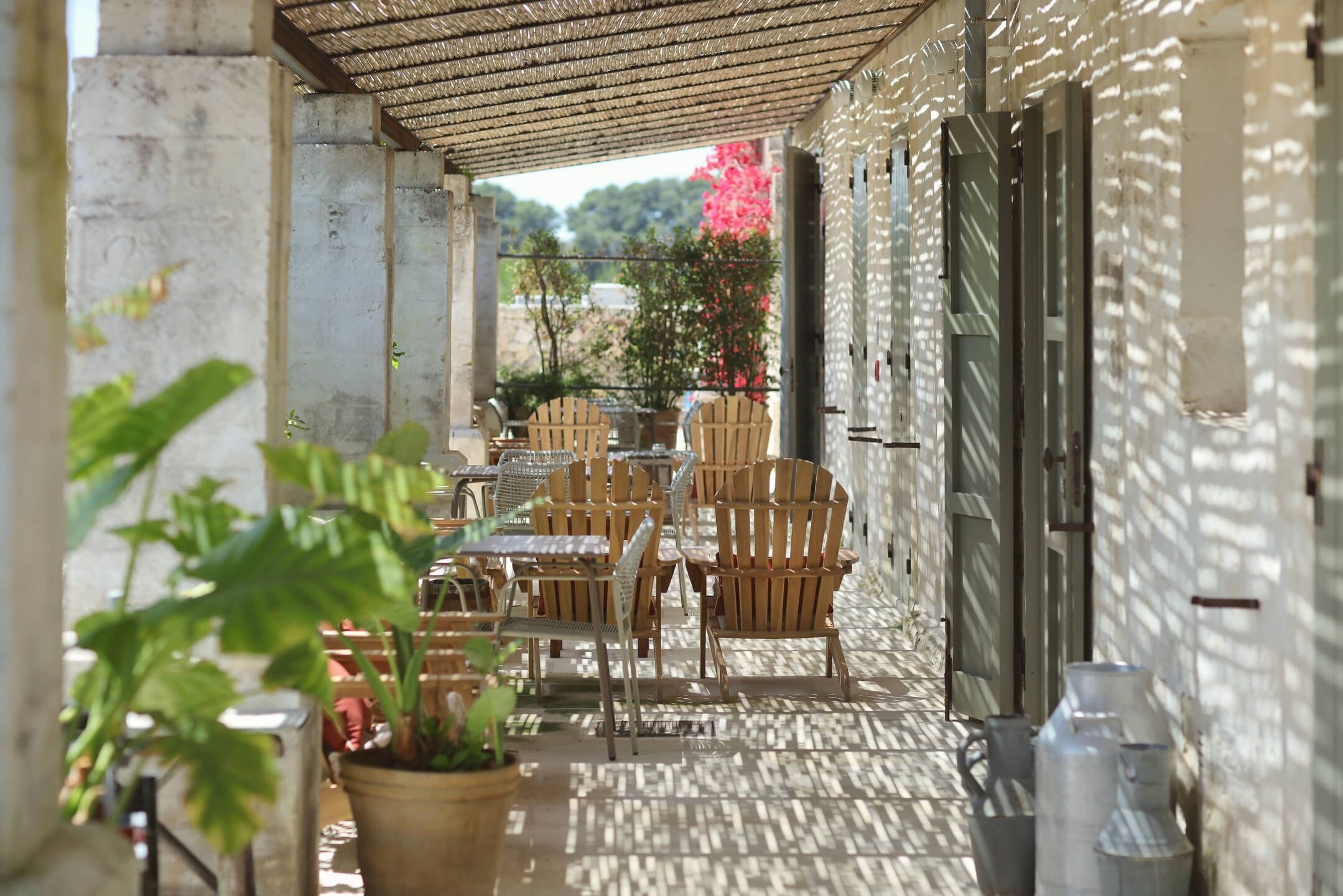 Un patio al aire libre con mesas y sillas, plantas en macetas y vistas del entorno.