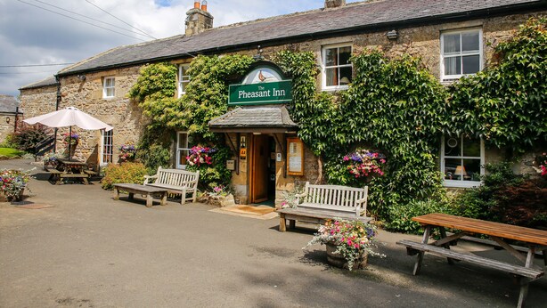 The Pheasant Inn, a stone building with ivy-covered walls, wooden benches, and flower pots.