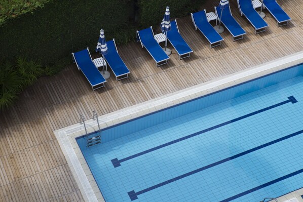 Outdoor pool, open 8:00 AM to 8:30 PM, pool umbrellas, sun loungers