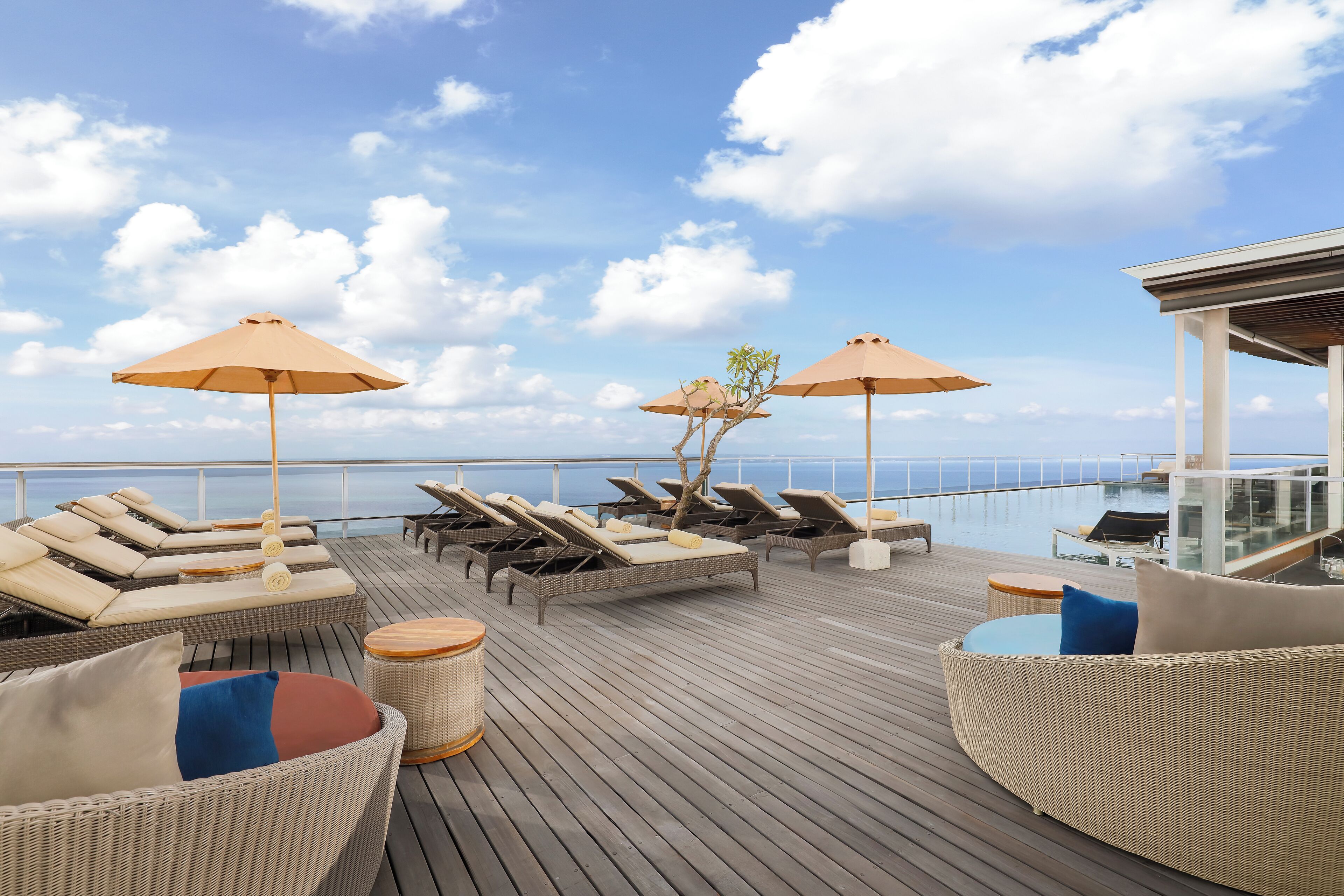 outdoor pool, pool umbrellas, pool loungers