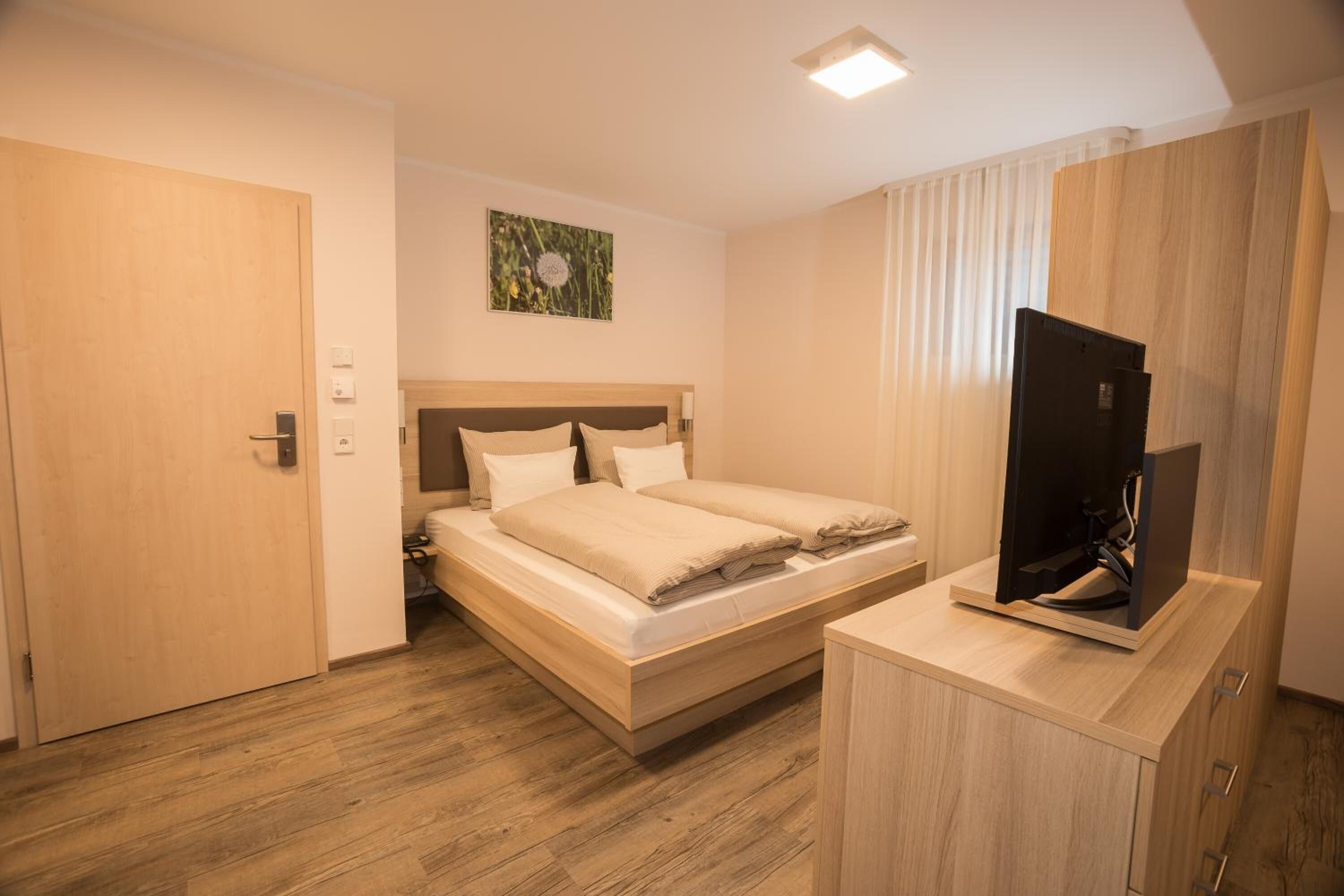 A bedroom with a wooden bed, a TV on a wooden cabinet, and a door.