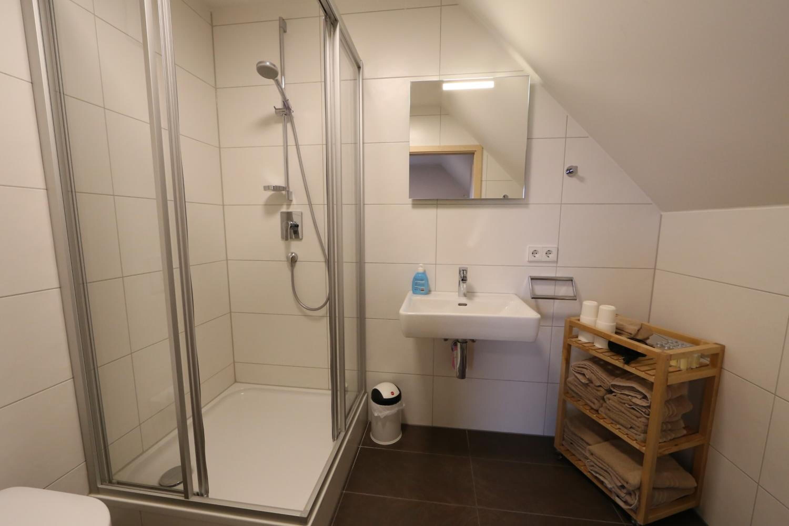 Un baño con ducha acristalada, lavamanos, espejo y repisa con toallas.