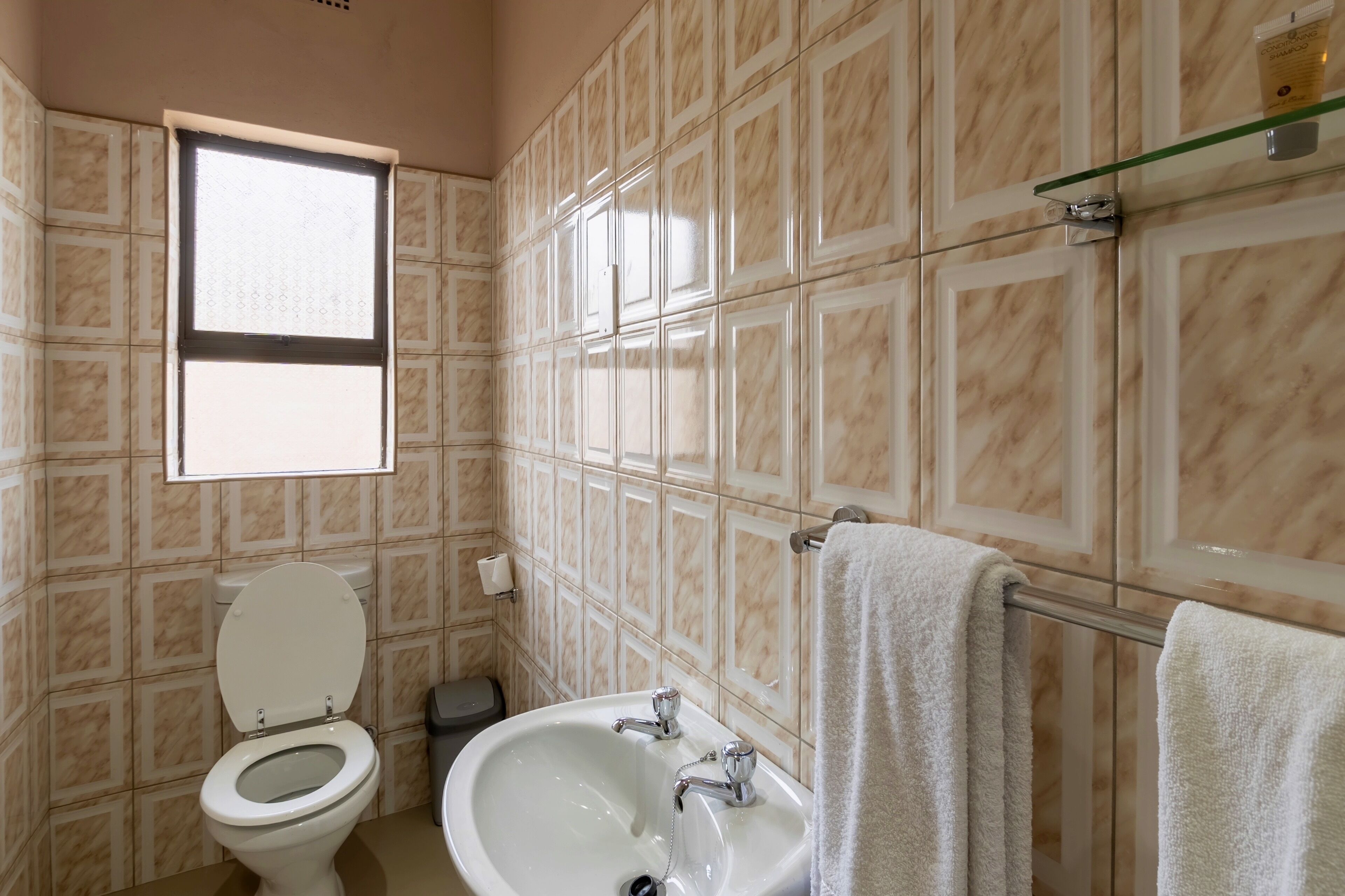 A bathroom with a toilet, sink, and a window.