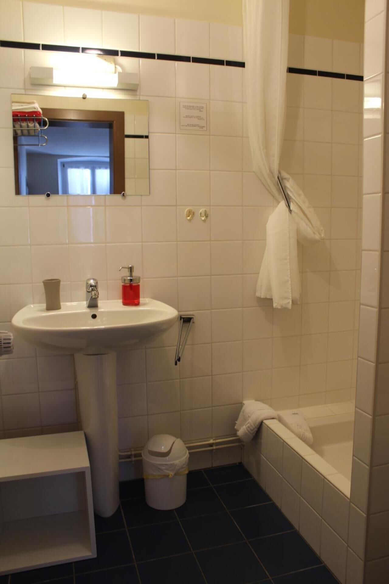 Ein Badezimmer mit Waschbecken, Spiegel, Dusche und einem kleinen Mülleimer.