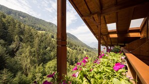 Una estructura de madera con vistas a un valle boscoso y montañas.