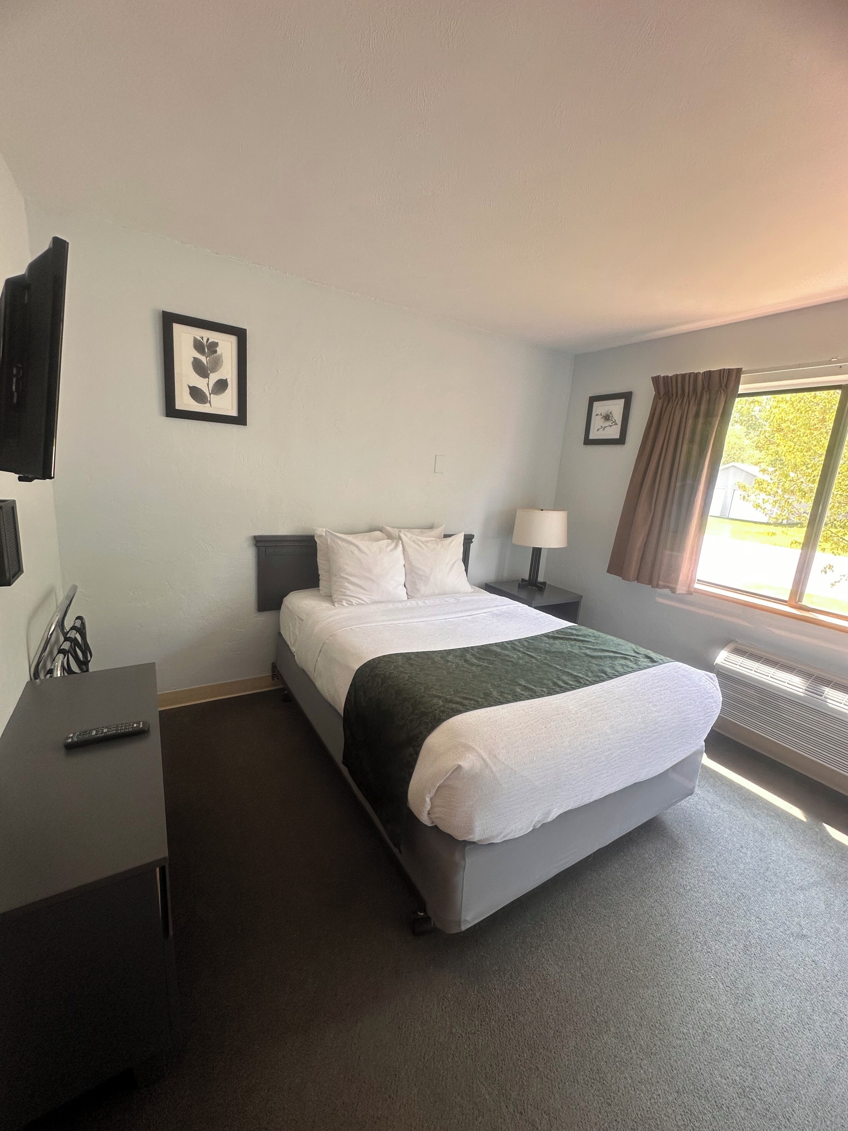 Une chambre d’hôtel avec un lit, un bureau, une chaise, une télévision et une fenêtre avec des rideaux.