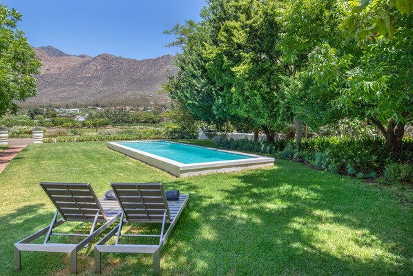 A swimming pool with two lounge chairs in a grassy backyard, surrounded by trees and mountains in the background. - Klein Nektar Manor (Montagu)