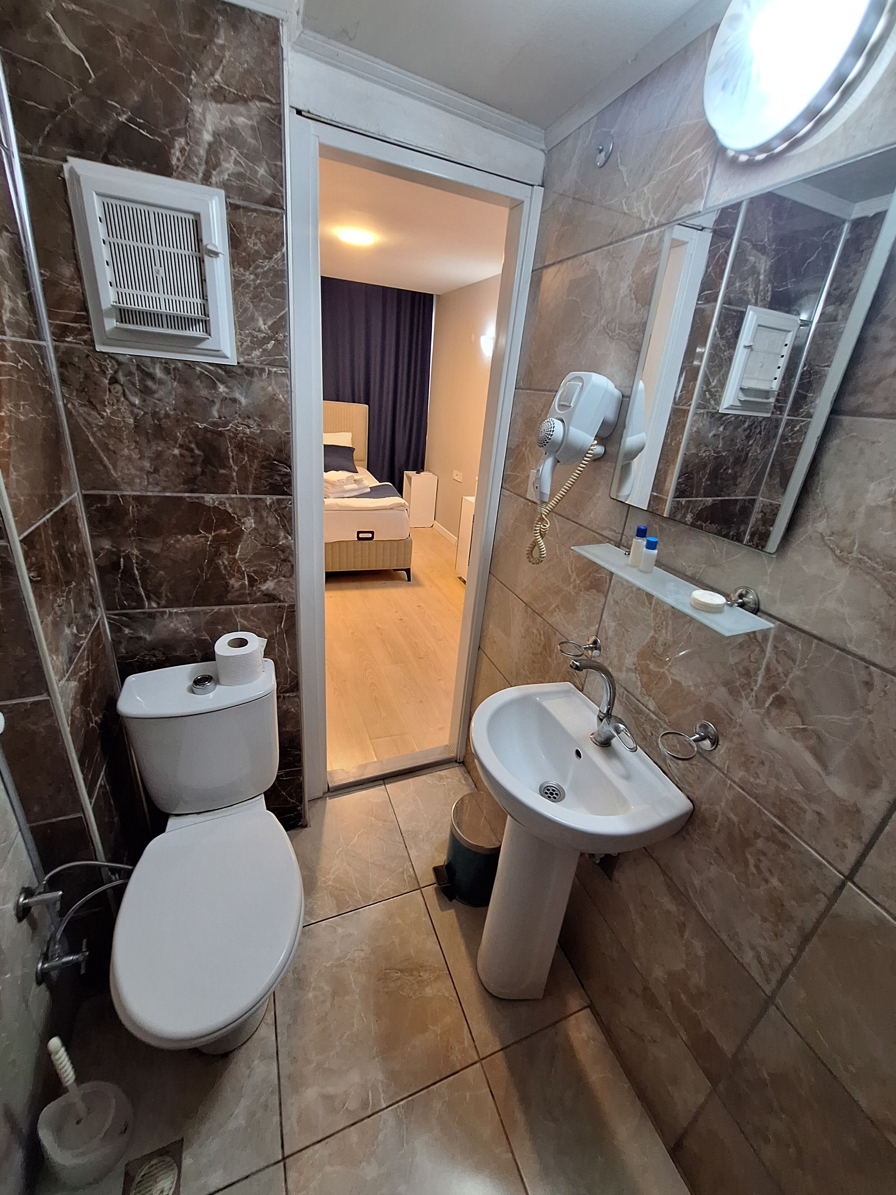 A bathroom with a toilet, sink, and mirror.