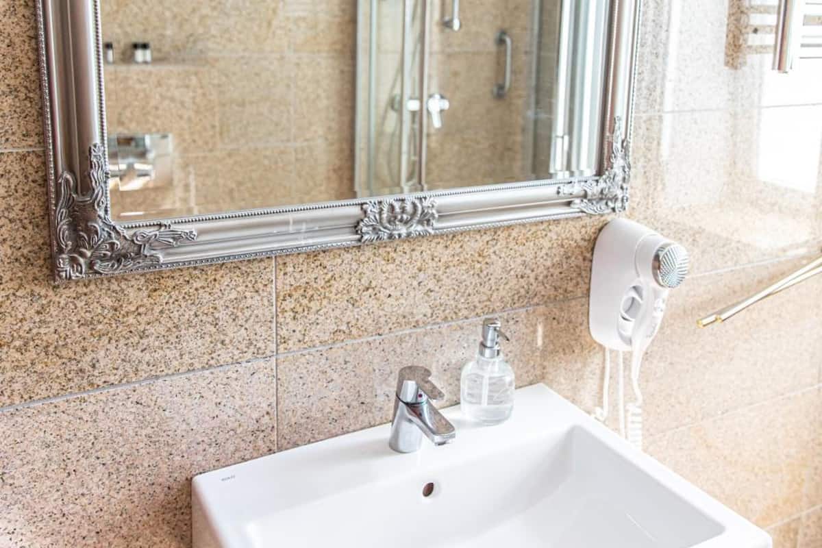 shower, free toiletries, hair dryer, towels