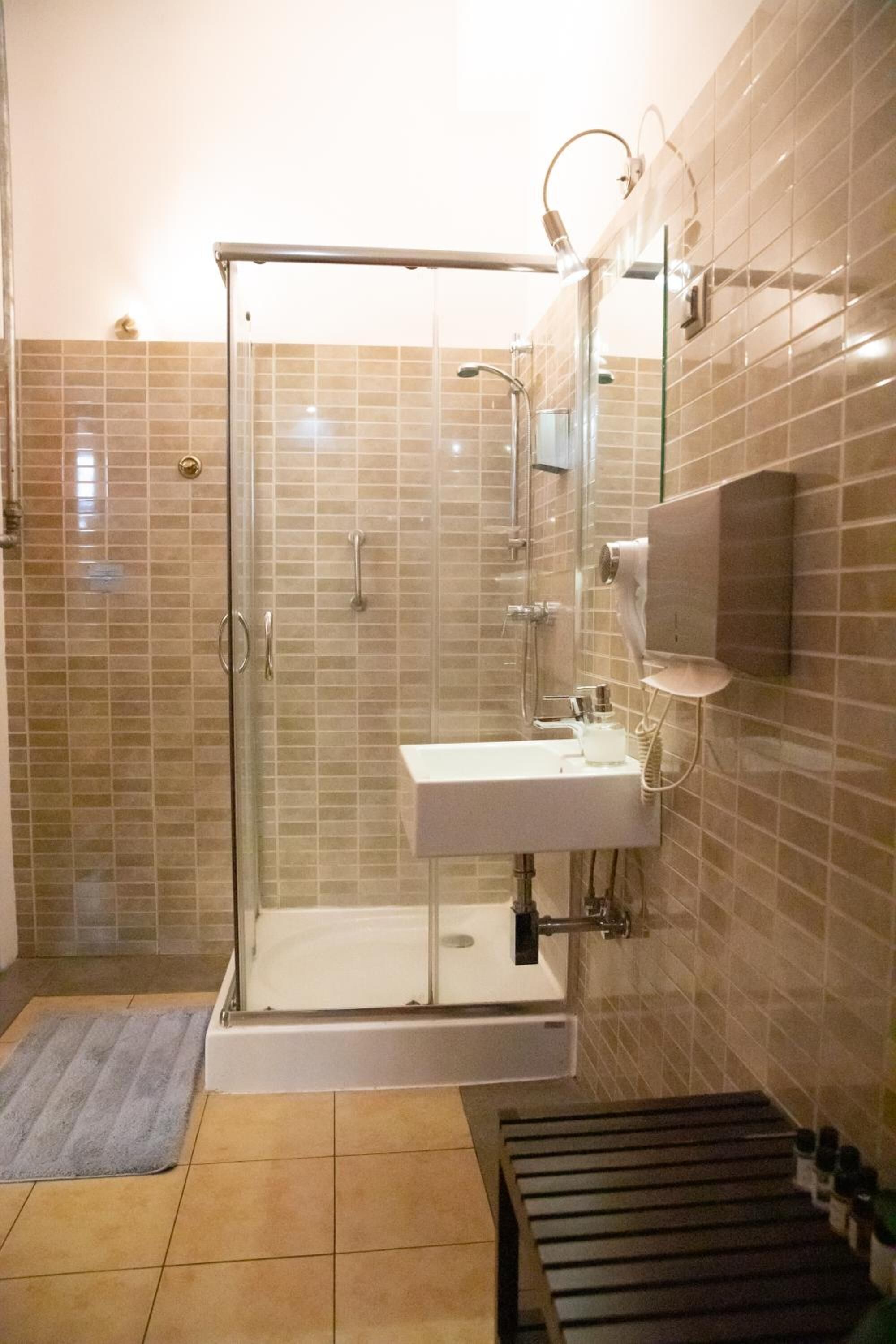 shower, free toiletries, hair dryer, towels