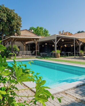 Seasonal outdoor pool, sun loungers