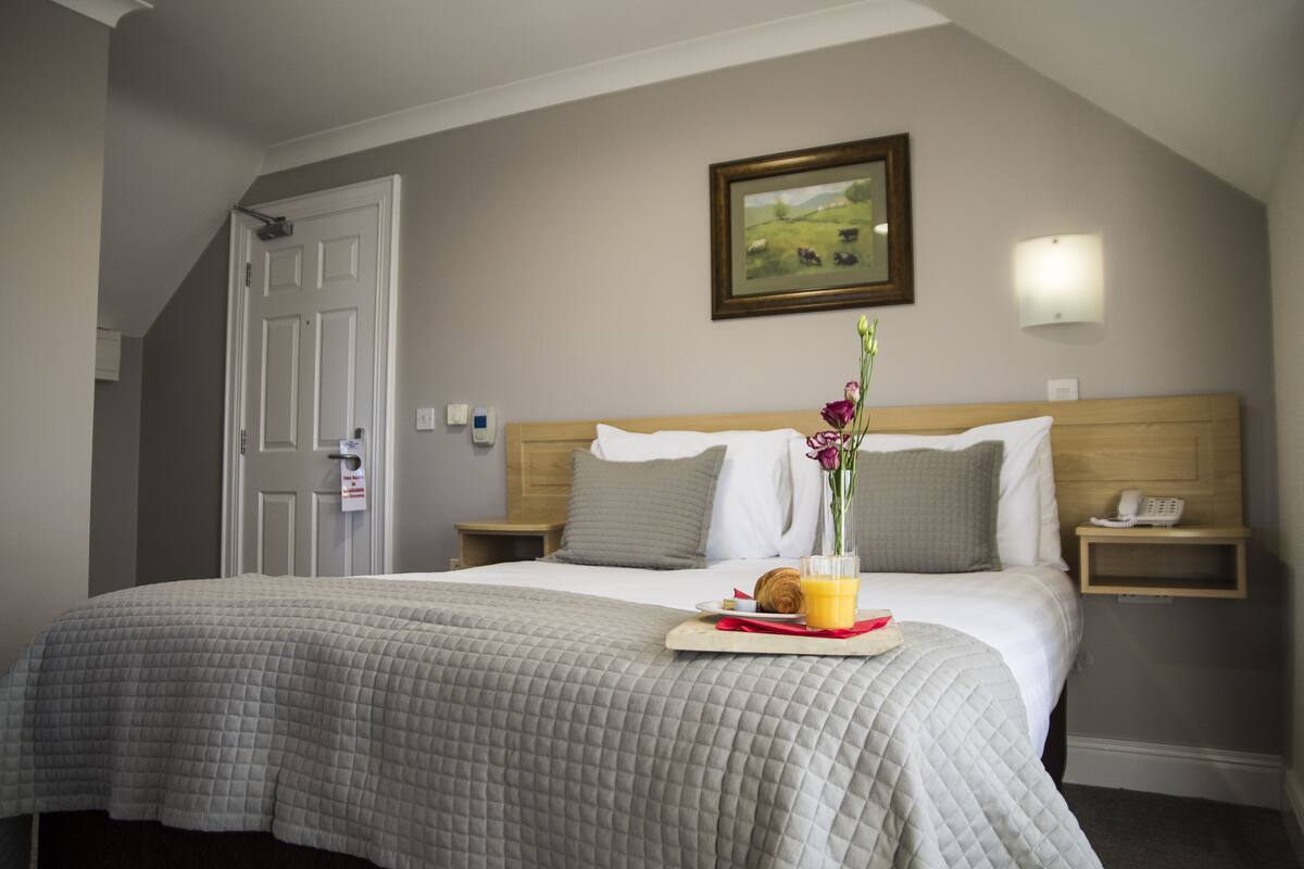 Habitación de hotel con una cama, una mesita de noche con lámpara, un cuadro enmarcado en la pared y una puerta.