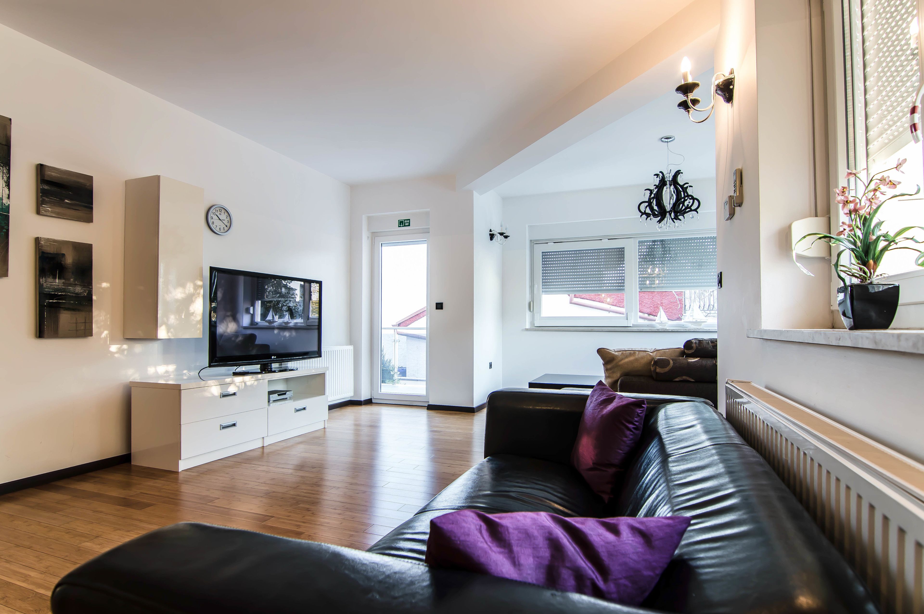 A modern living room with a leather sofa, a flat-screen TV, a white cabinet, and a potted plant.
